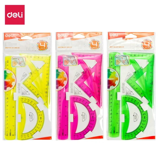 Kit de traçage Deli - 2 Equerres + Rapporteur + Règle 20 cm