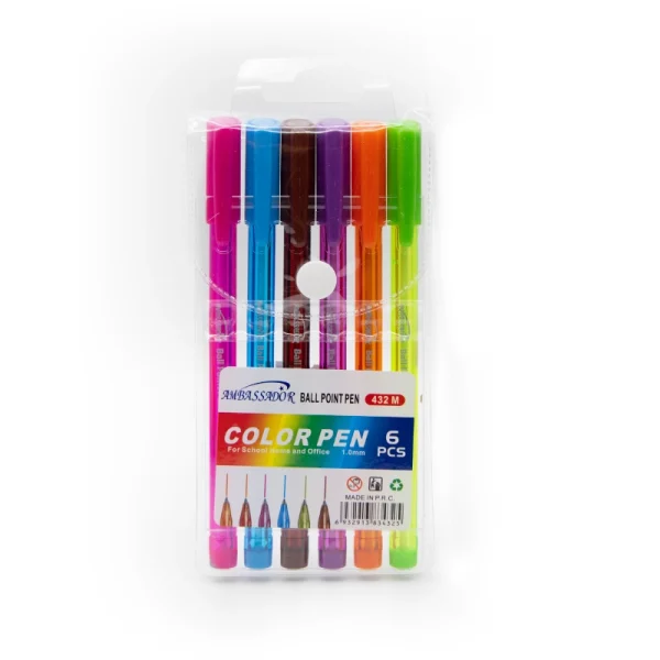 Pochette de 6 Stylos Couleurs 1mm Ambassador BALL POINT PEN